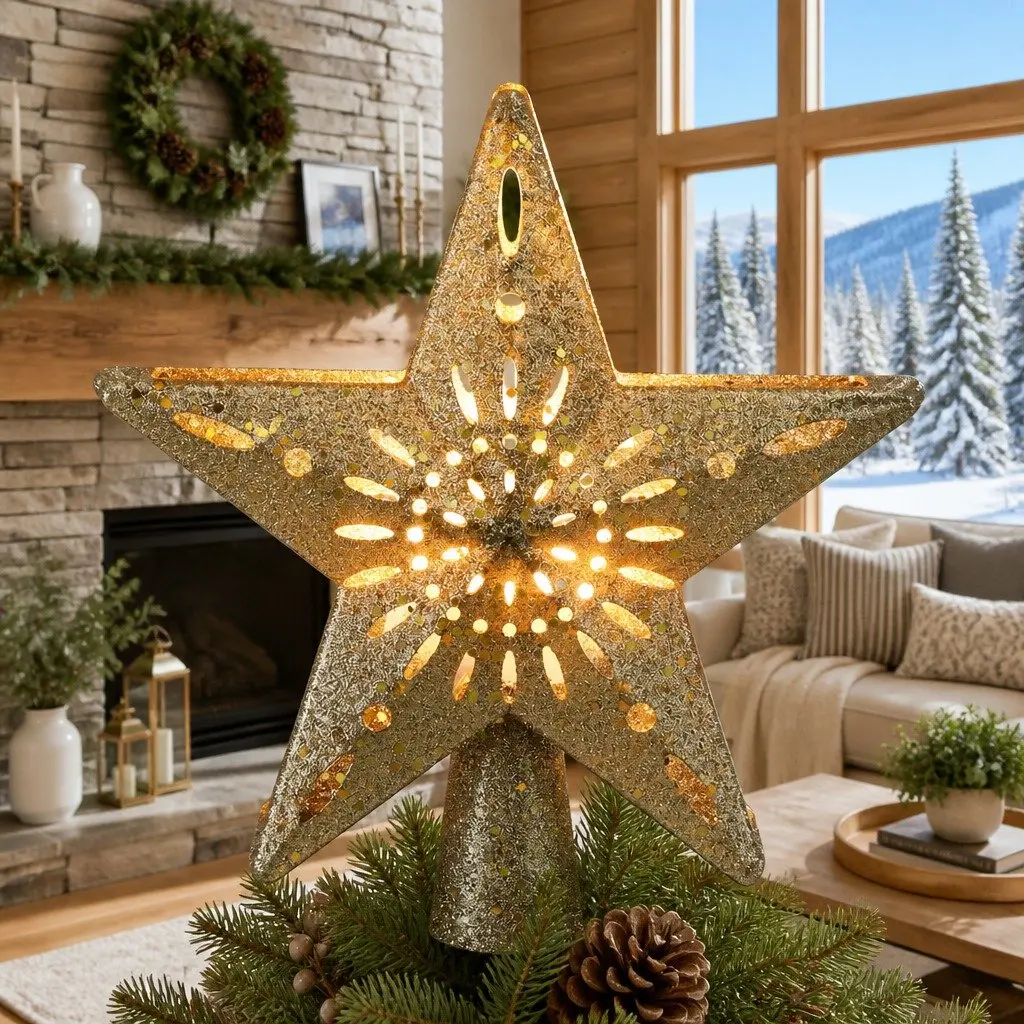 Christmas Tree Topper Star Snowflake Projector Laser Glitter Gold Indoor