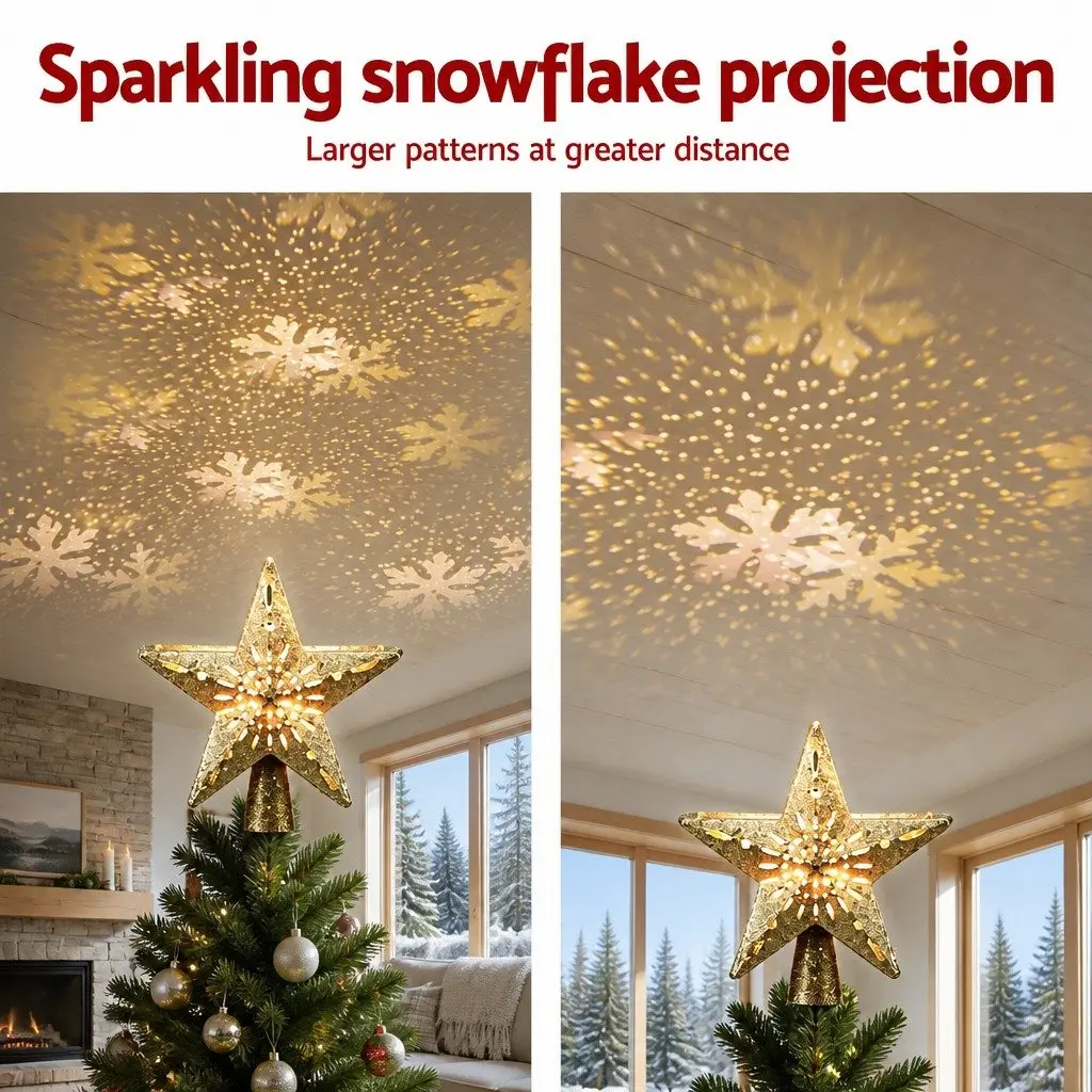 Christmas Tree Topper Star Snowflake Projector Laser Glitter Gold Indoor