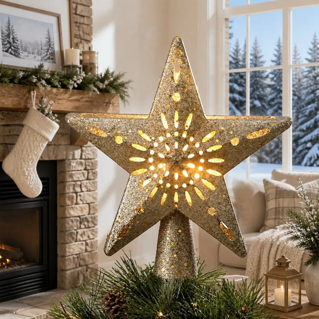 Christmas Tree Topper Star Snowflake Projector Laser Glitter Gold Indoor