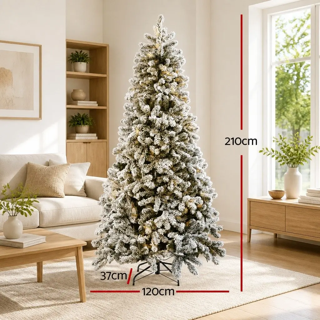 Pre-Lit Christmas Tree 2.1m Snow Flocked for Christmas with 500 LED Warm White Lights and 8 Light Modes