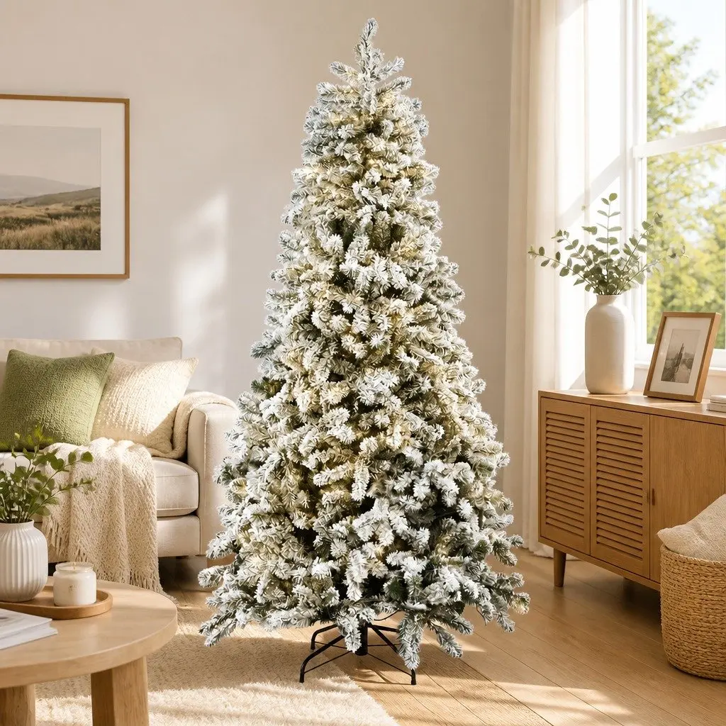 Pre-Lit Christmas Tree 2.1m Snow Flocked for Christmas with 500 LED Warm White Lights and 8 Light Modes