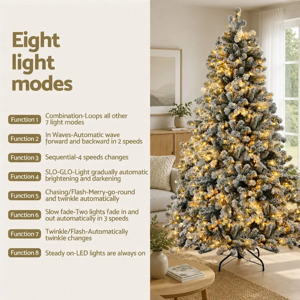 Pre-Lit Christmas Tree 2.1m Snow Flocked for Christmas with 500 LED Warm White Lights and 8 Light Modes