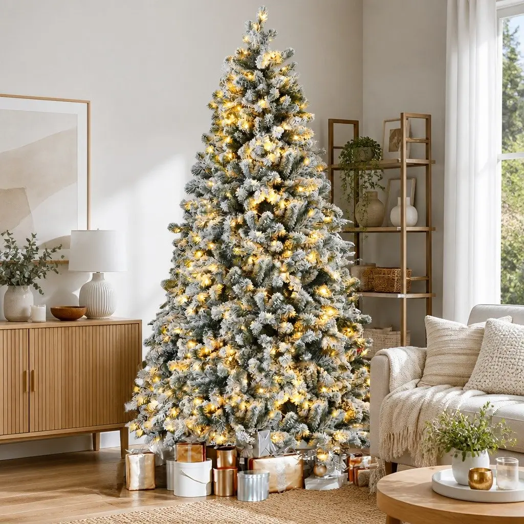 Pre-Lit Christmas Tree 2.1m Snow Flocked for Christmas with 500 LED Warm White Lights and 8 Light Modes