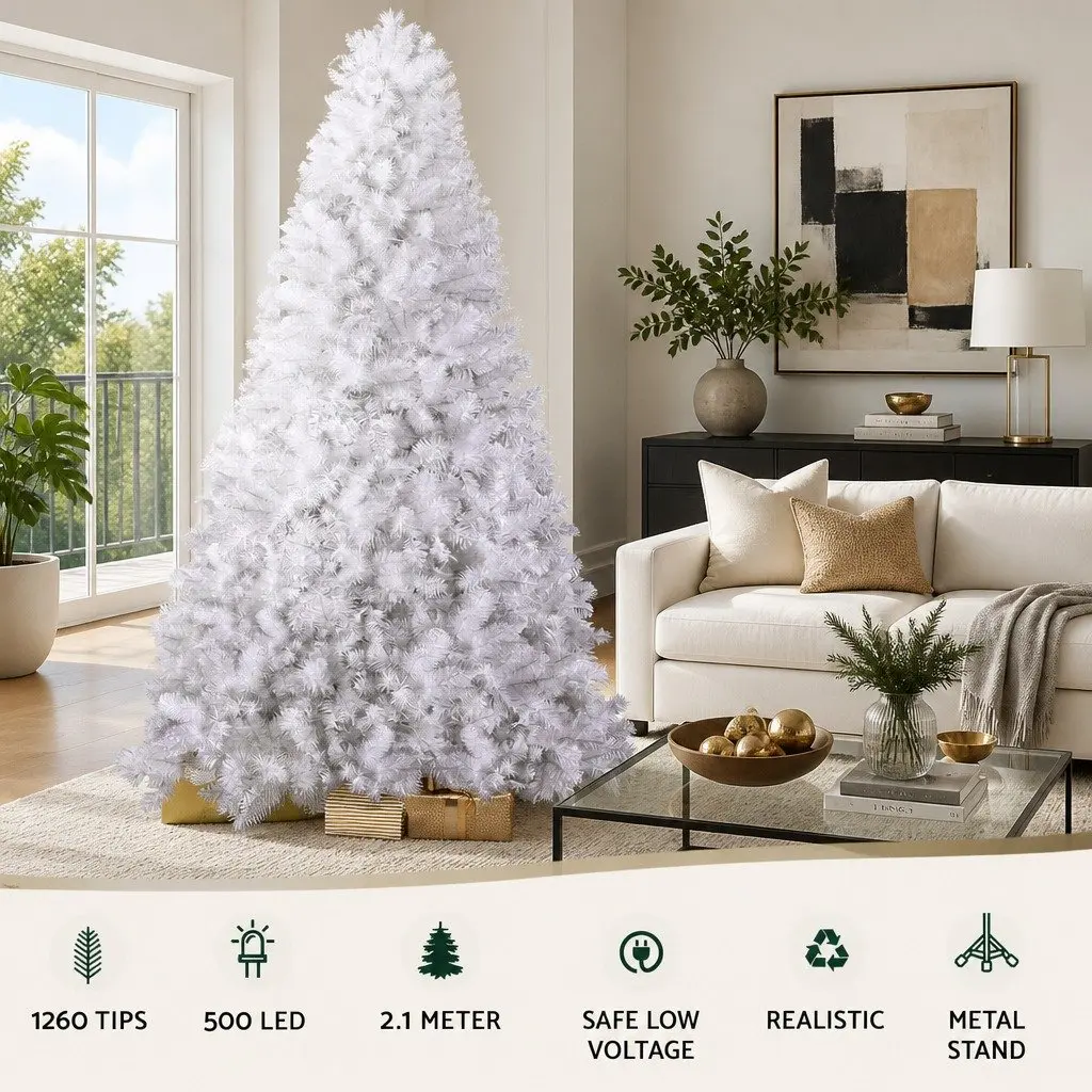 White Christmas Tree 2.1m 500 LED Lights 1260 Tips Xmas Home Holiday Decor