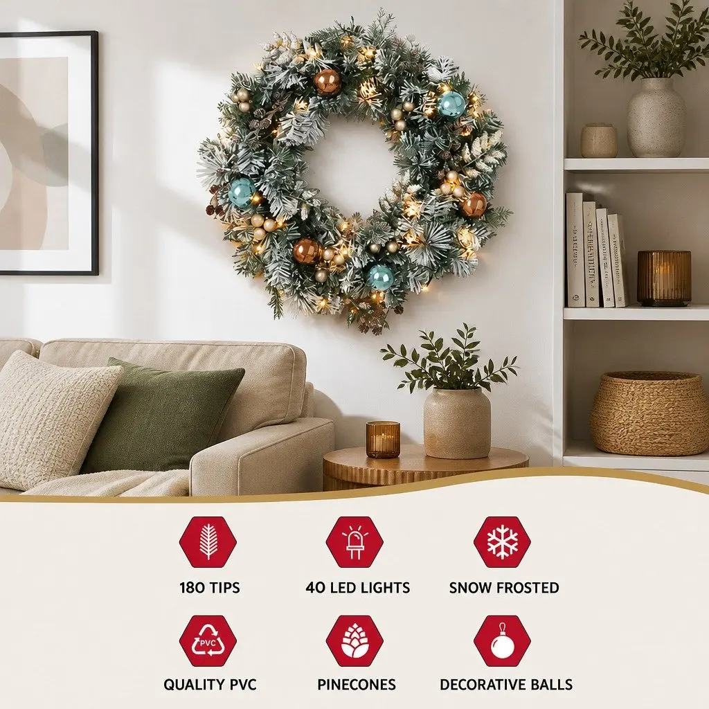 Christmas Wreath Indoor Outdoor 60cm Pre-lit LED Garland Snowy Foliage