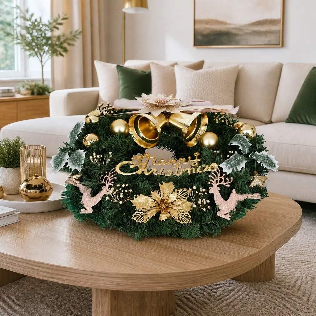 Christmas Wreath Indoor Outdoor 60CM Green with Baubles Reindeer Gold Bow