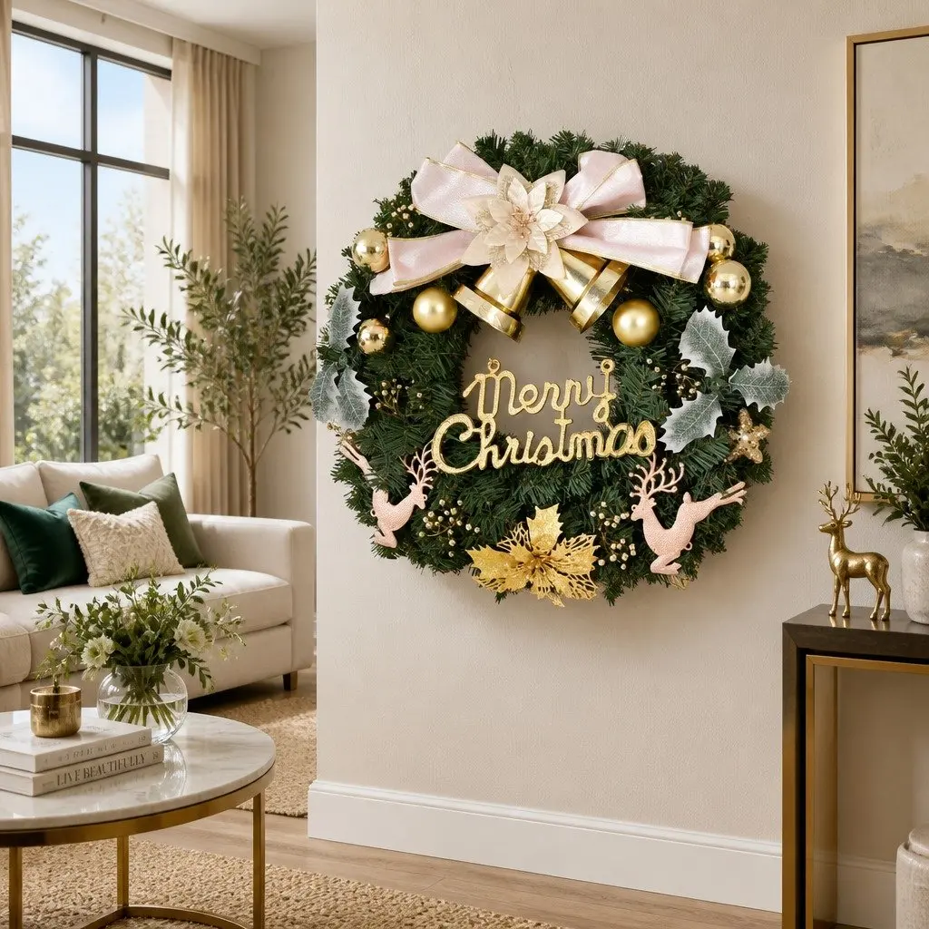 Christmas Wreath Indoor Outdoor 60CM Green with Baubles Reindeer Gold Bow