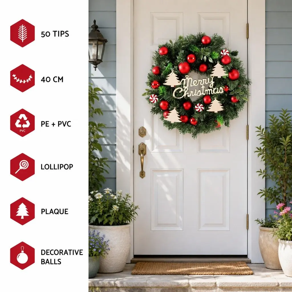 Christmas Wreath Indoor Outdoor 40CM Green Garland with Baubles Ornaments