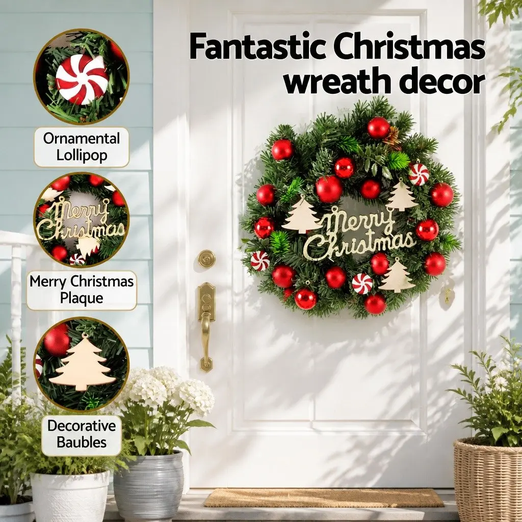 Christmas Wreath Indoor Outdoor 40CM Green Garland with Baubles Ornaments