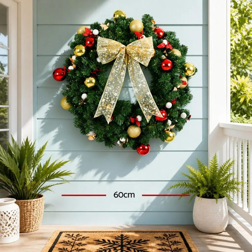 Christmas Wreath 60cm Indoor Outdoor Green Prelit LED Baubles Berries Bow Decor