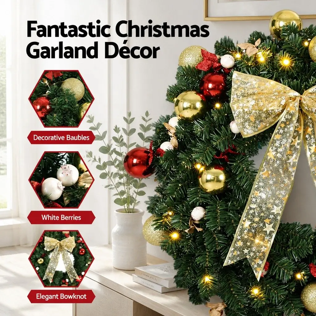 Christmas Wreath 60cm Indoor Outdoor Green Prelit LED Baubles Berries Bow Decor