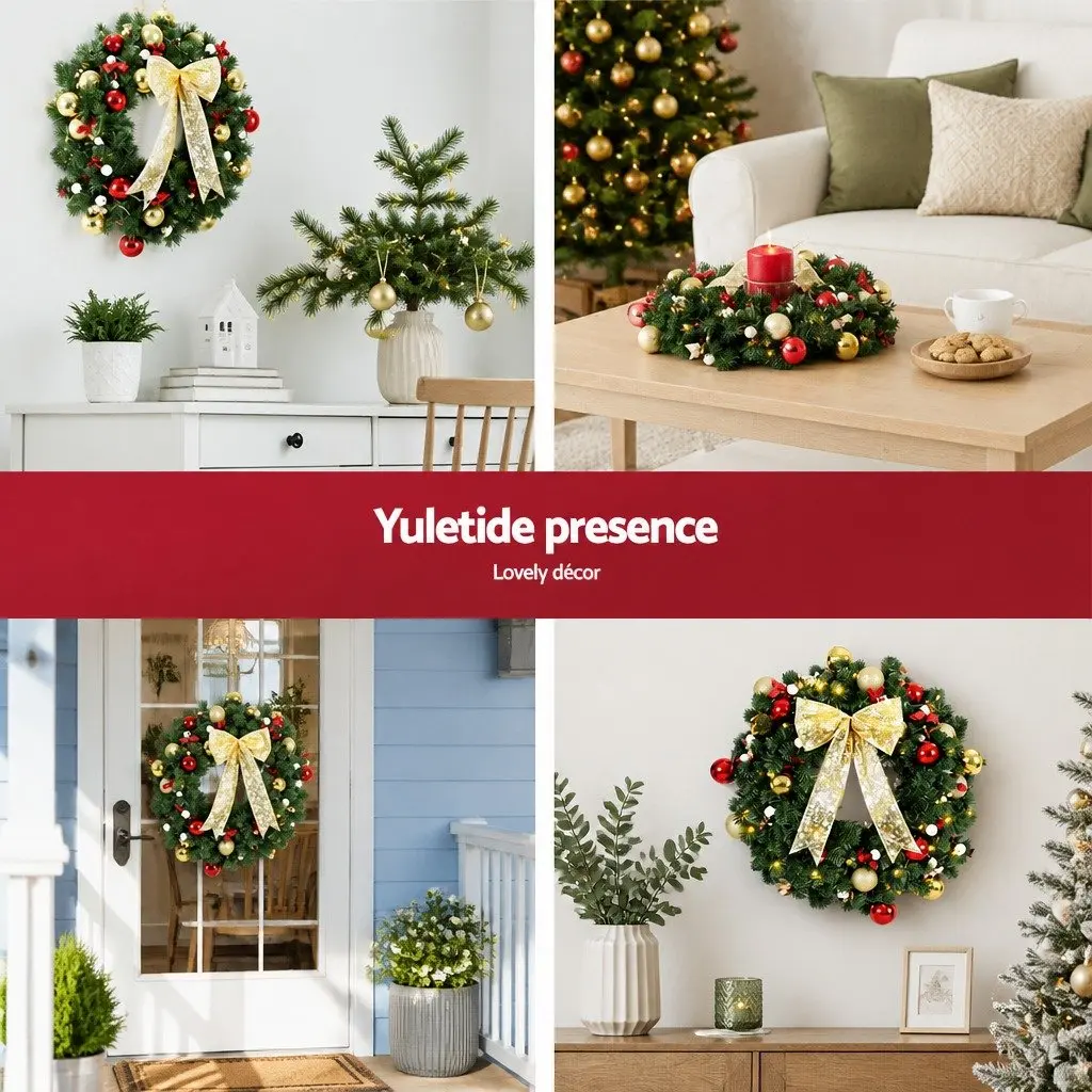 Christmas Wreath 60cm Indoor Outdoor Green Prelit LED Baubles Berries Bow Decor