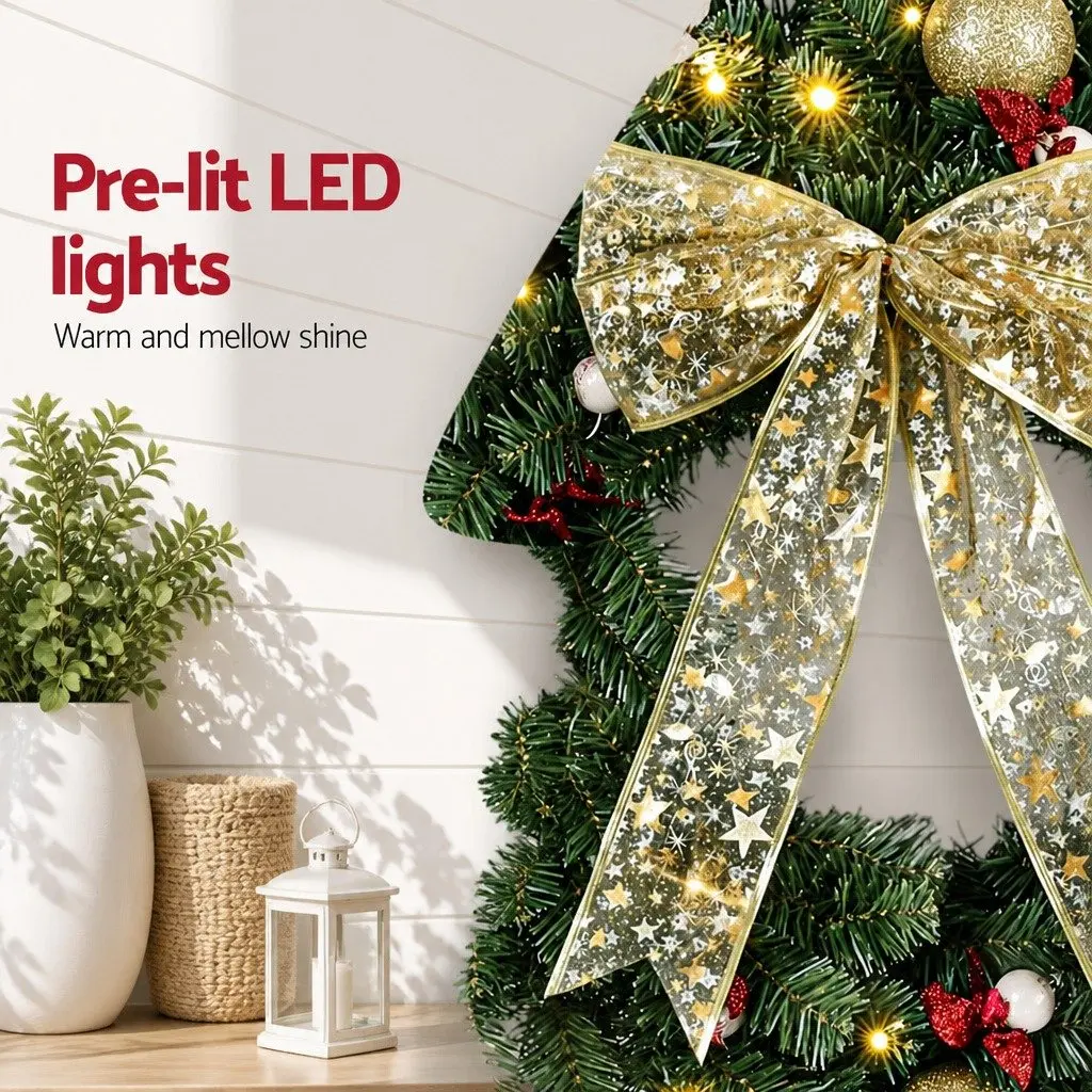 Christmas Wreath 60cm Indoor Outdoor Green Prelit LED Baubles Berries Bow Decor