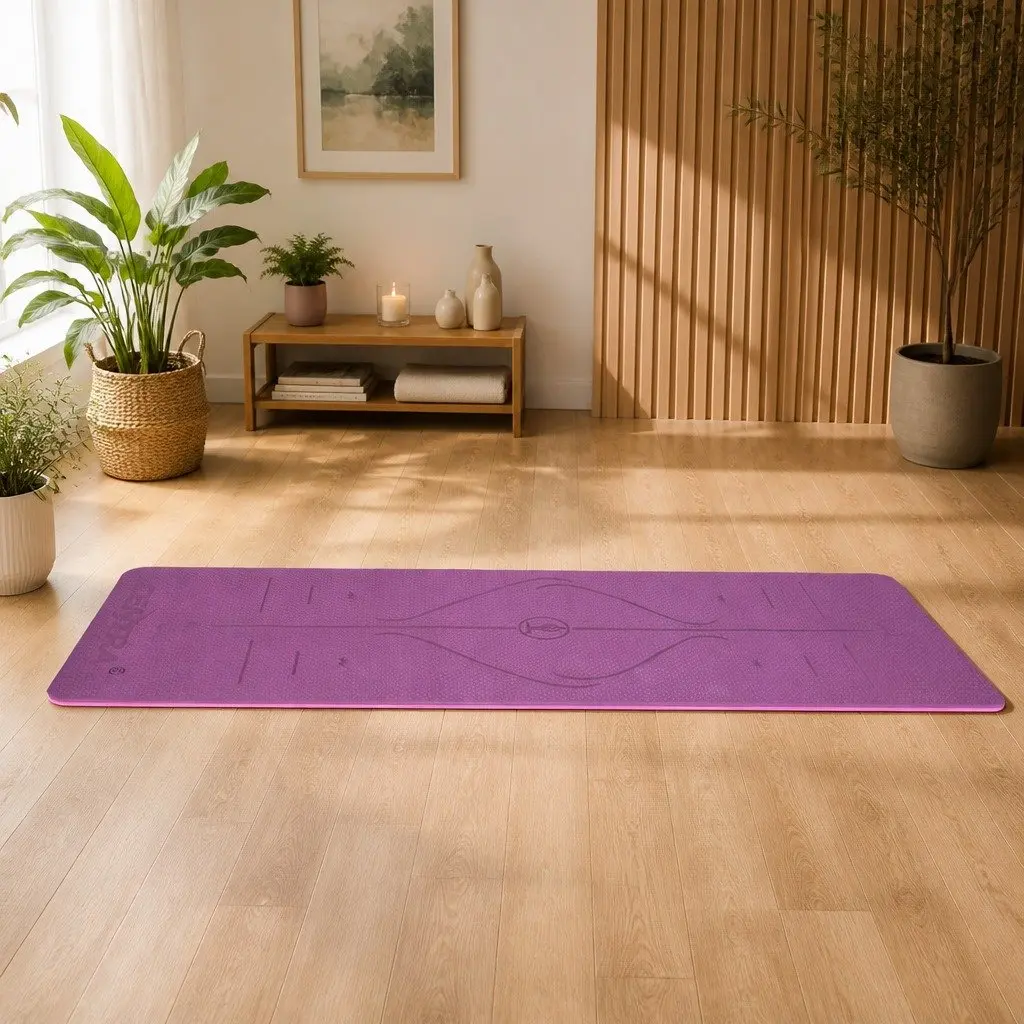 Yoga Mat for Exercise 6mm Thick Non-Slip with Body Alignment Lines Purple