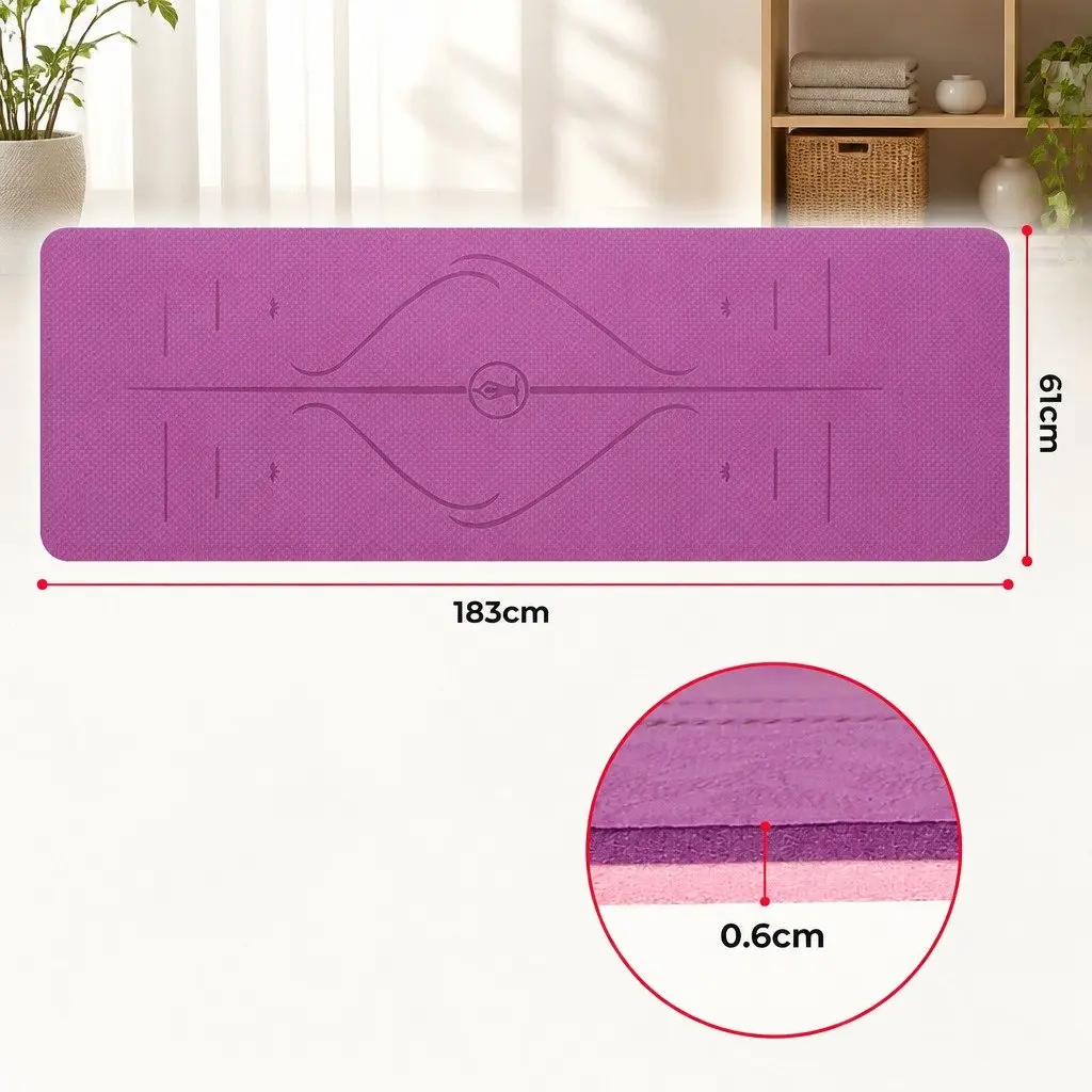 Yoga Mat for Exercise 6mm Thick Non-Slip with Body Alignment Lines Purple