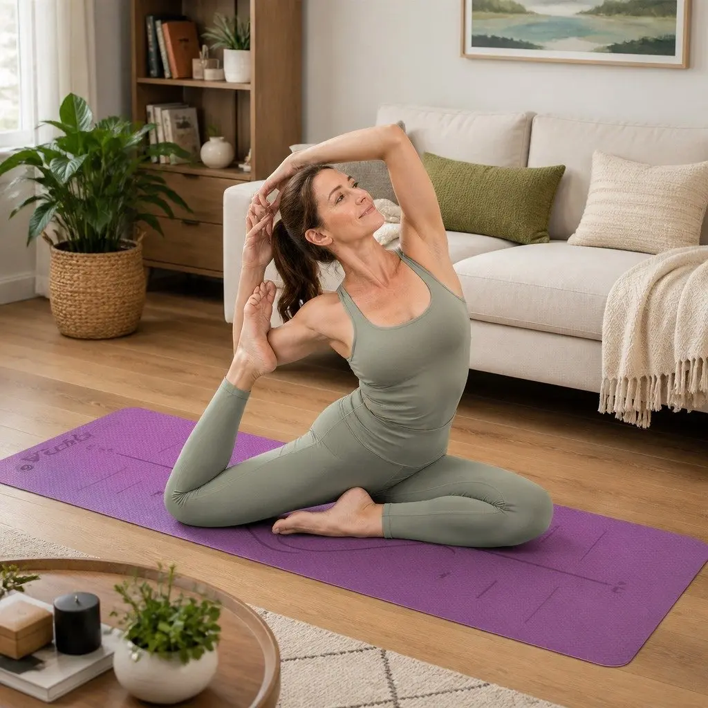 Yoga Mat for Exercise 6mm Thick Non-Slip with Body Alignment Lines Purple