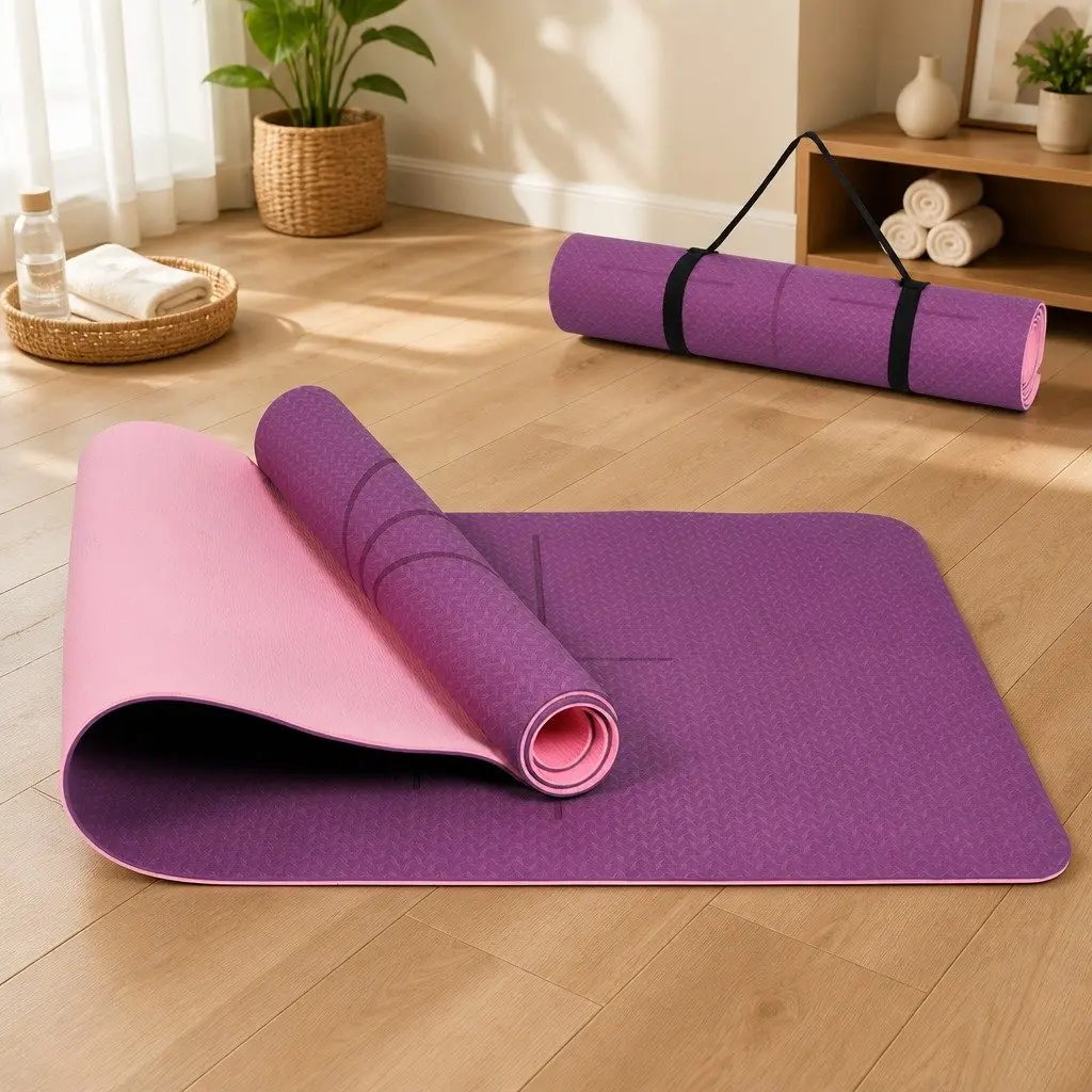 Yoga Mat for Exercise 6mm Thick Non-Slip with Body Alignment Lines Purple