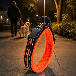Reflective Dog Collar: Medium Size, Orange, Strong Build