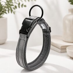 XS Grey Dog Collar: Reflective with Safety Lock and O Ring