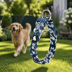 2XS Blue Floral Dog Collar with O Ring and Snap Buckle