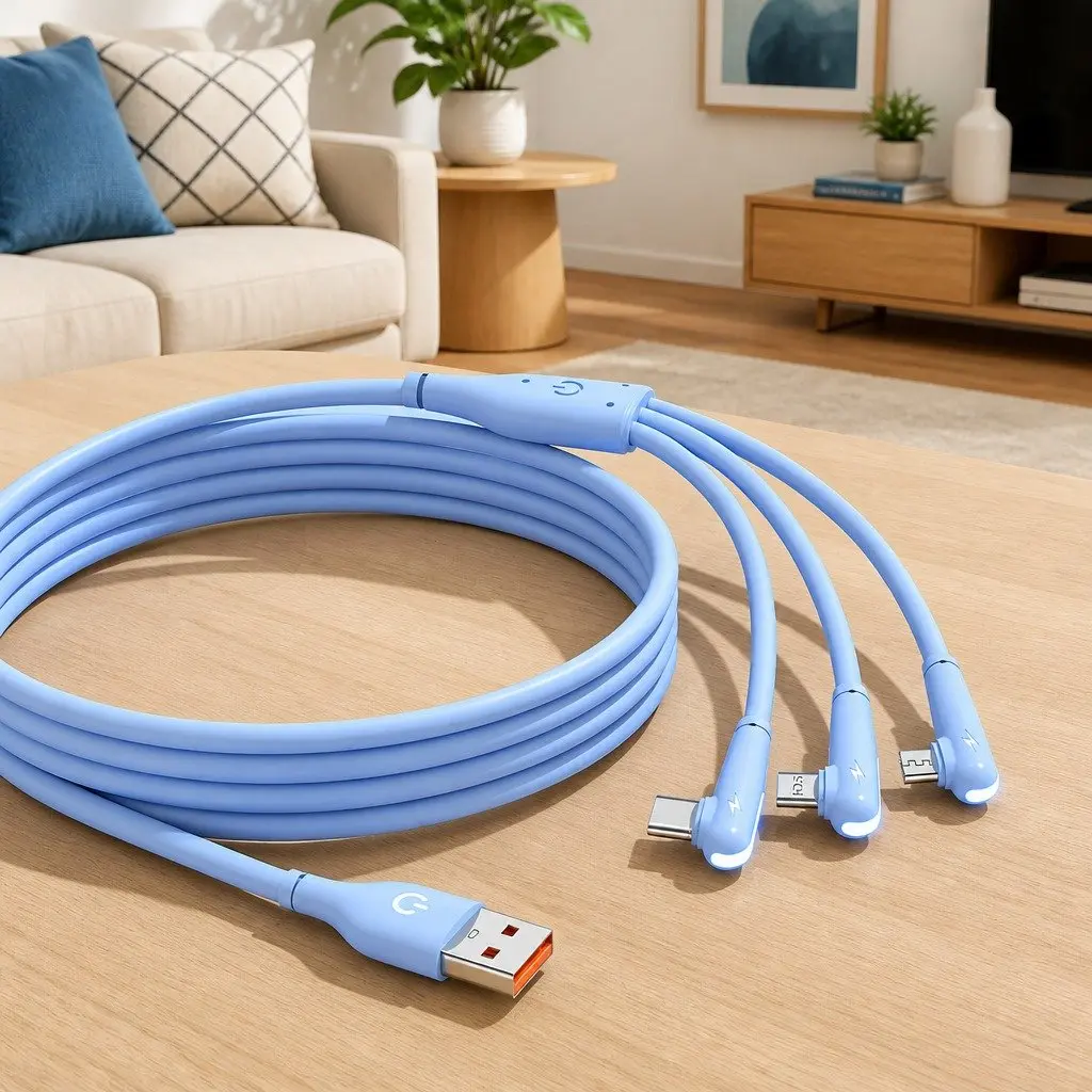 Three-in-One Fast Charging Data Cable Elbow Liquid Silicone Blue