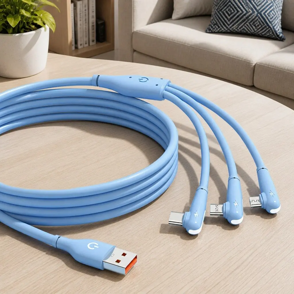 Three-in-One Fast Charging Data Cable Elbow Liquid Silicone Blue
