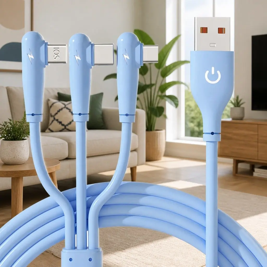 Three-in-One Fast Charging Data Cable Elbow Liquid Silicone Blue