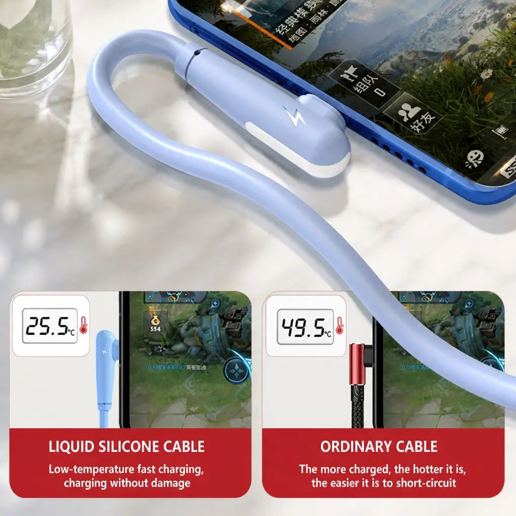 Three-in-One Fast Charging Data Cable Elbow Liquid Silicone Blue
