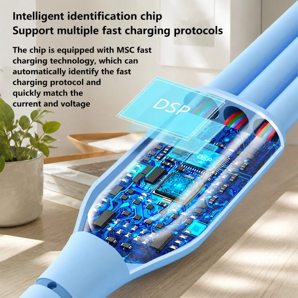 Three-in-One Fast Charging Data Cable Elbow Liquid Silicone Blue