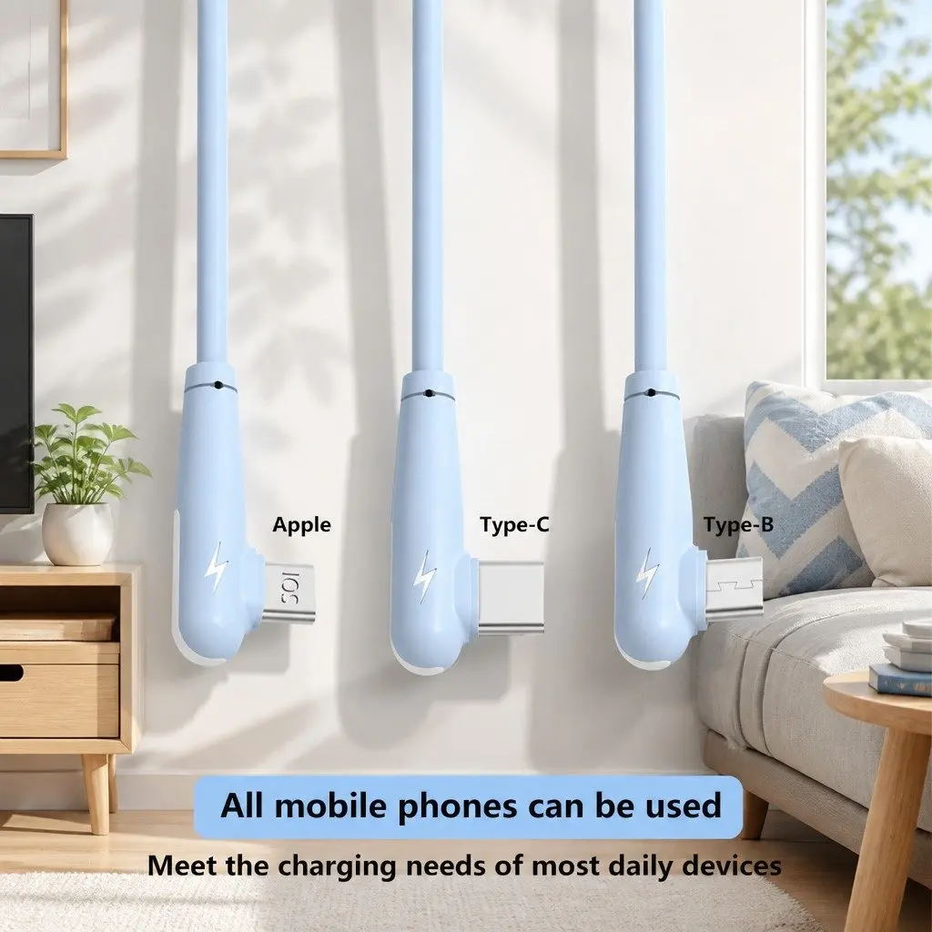 Three-in-One Fast Charging Data Cable Elbow Liquid Silicone Blue