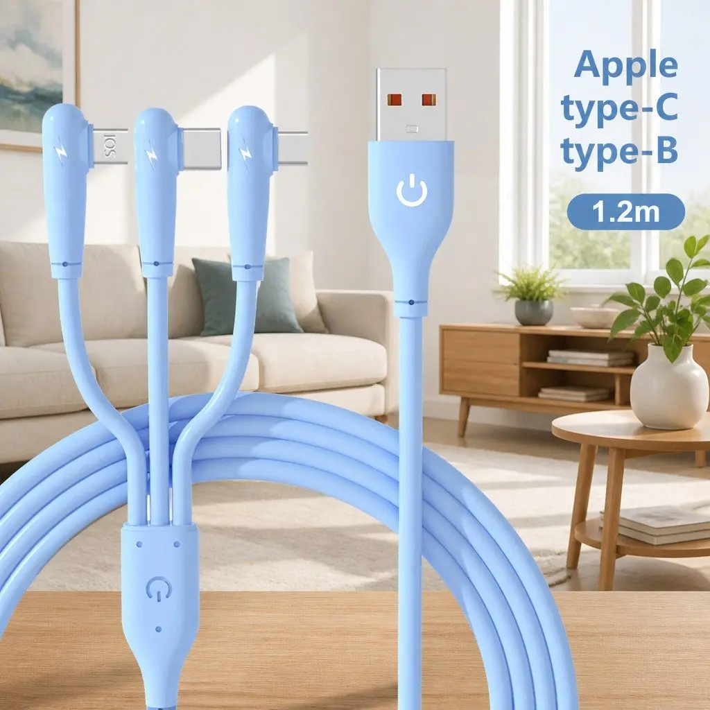 Three-in-One Fast Charging Data Cable Elbow Liquid Silicone Blue