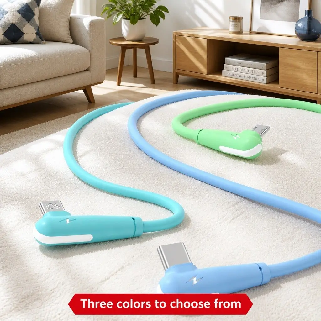 Three-in-One Fast Charging Data Cable Elbow Liquid Silicone Blue