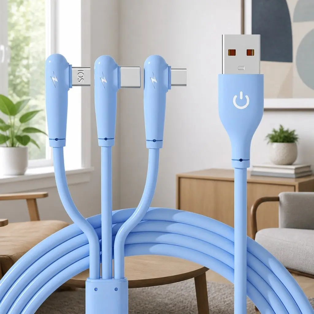 66W Fast Charging Three-in-One Data Cable Elbow Liquid Silicone Blue