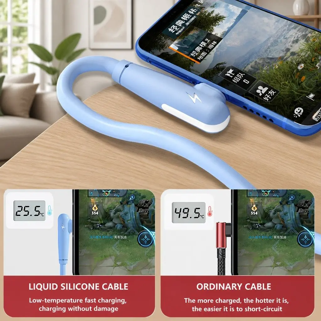 66W Fast Charging Three-in-One Data Cable Elbow Liquid Silicone Blue