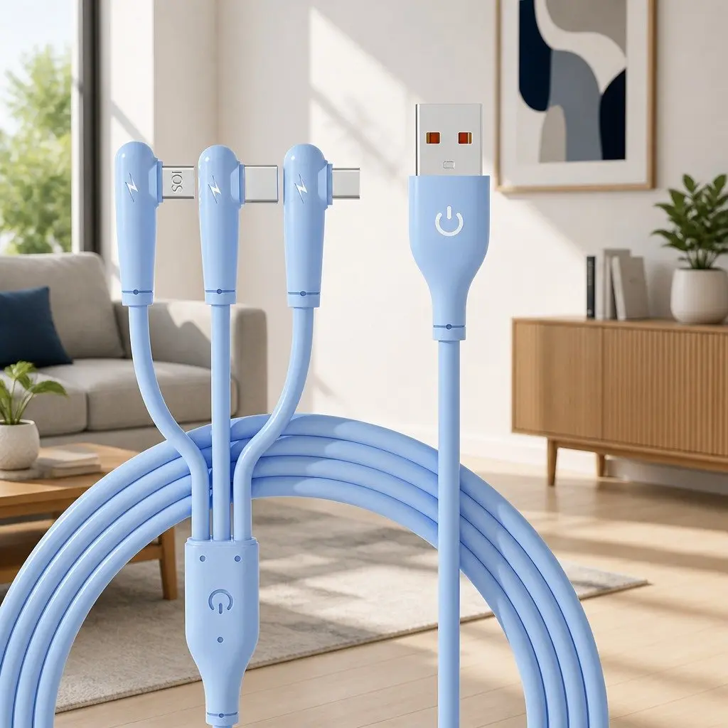 66W Fast Charging Three-in-One Data Cable Elbow Liquid Silicone Blue