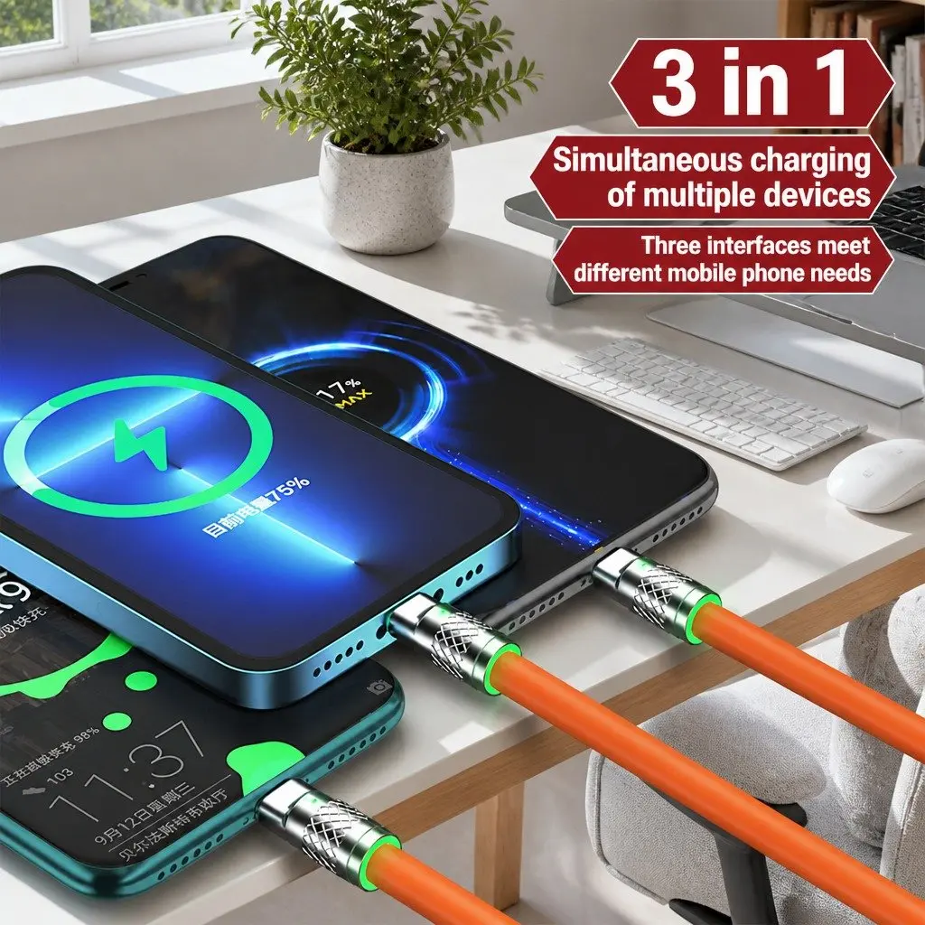 3-in-1 USB Charging Cable for Mobile Devices 1.2 Meter Green