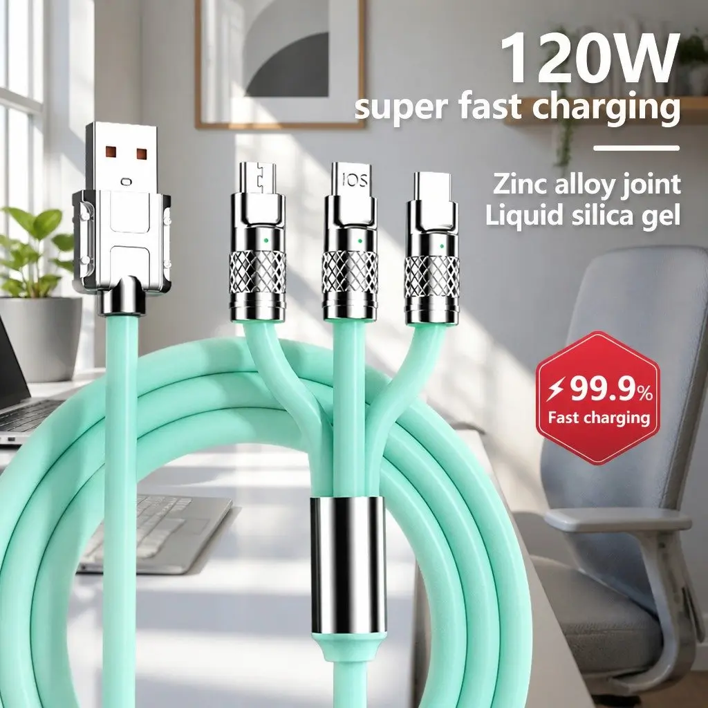3-in-1 USB Charging Cable for Mobile Devices 1.2 Meter Green