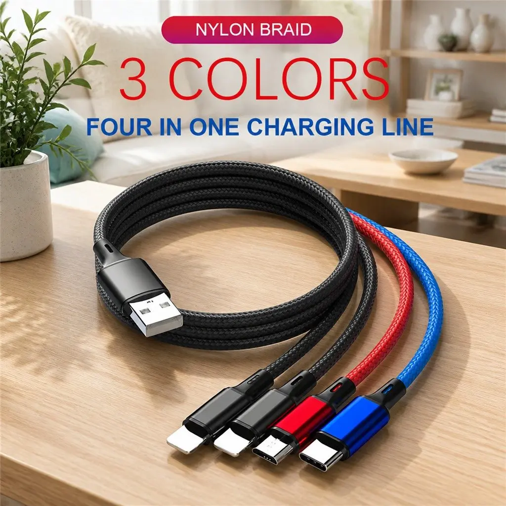 4-in-1 USB Charging Cable for Mobile Devices Nylon Woven Fast Charge 3.3mm
