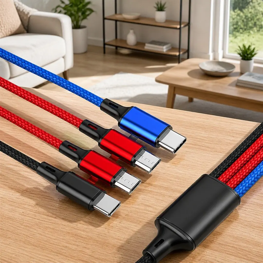 4-in-1 USB Charging Cable for Mobile Devices Nylon Woven Fast Charge 3.3mm