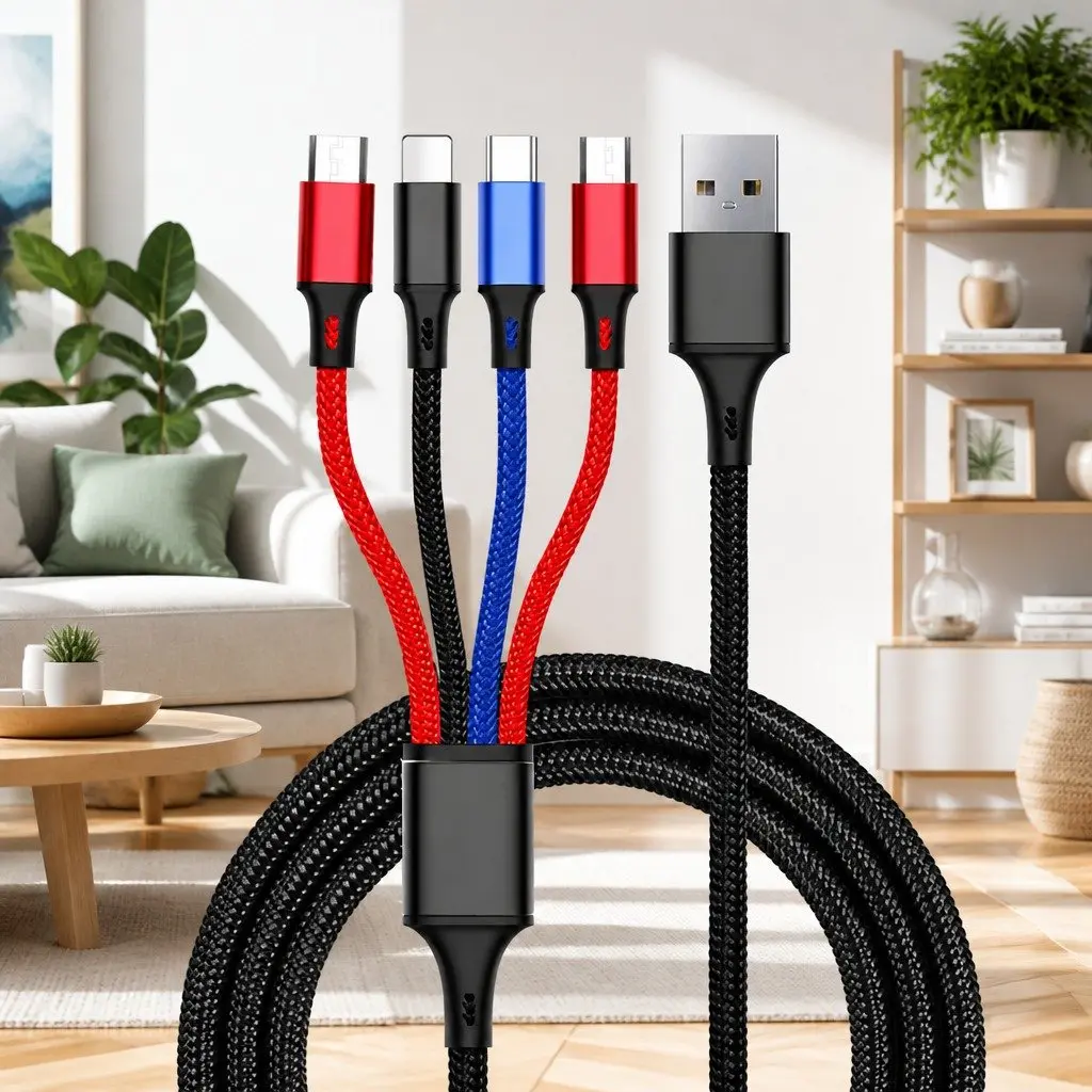 4-in-1 USB Charging Cable for Mobile Devices Nylon Woven Fast Charge 3.3mm