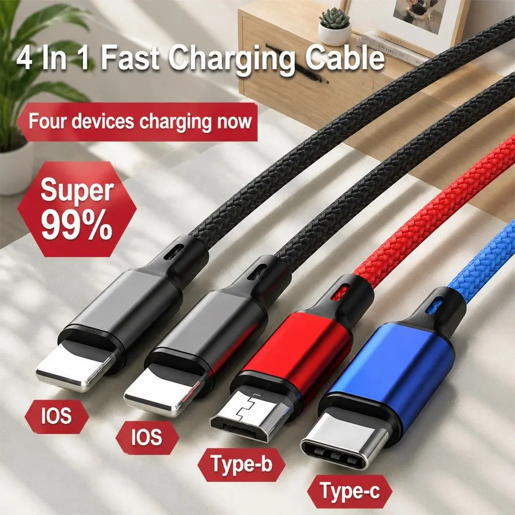 4-in-1 USB Charging Cable for Mobile Devices Nylon Woven Fast Charge 3.3mm