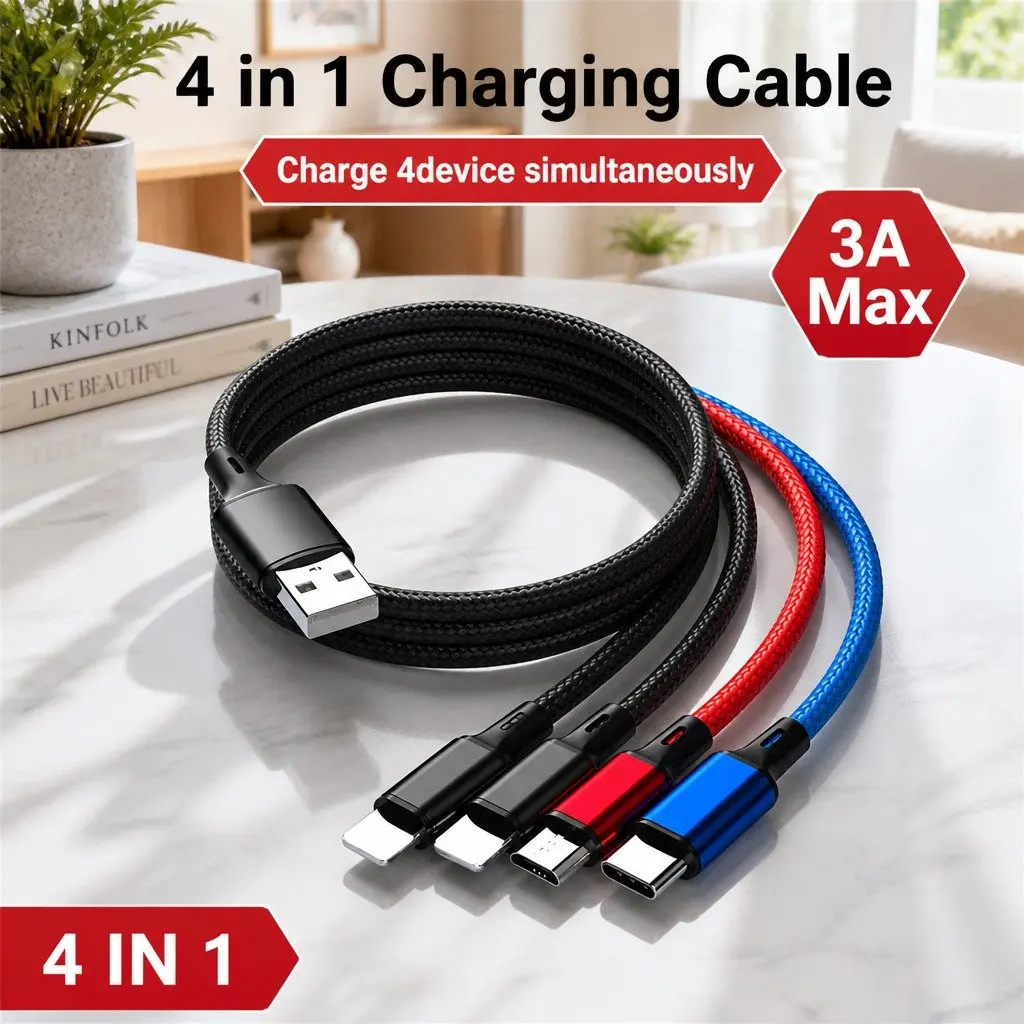 4-in-1 USB Charging Cable for Mobile Devices Nylon Woven Fast Charge 3.3mm