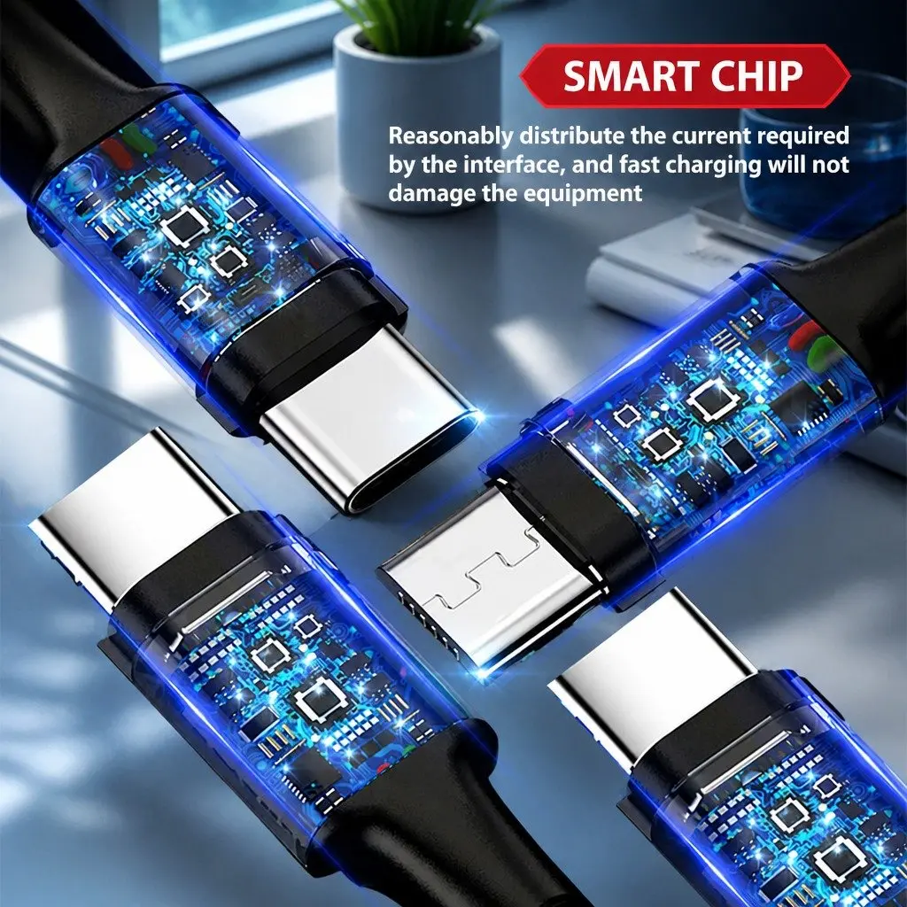 4-in-1 USB Charging Cable for Mobile Devices Nylon Woven Fast Charge 3.3mm