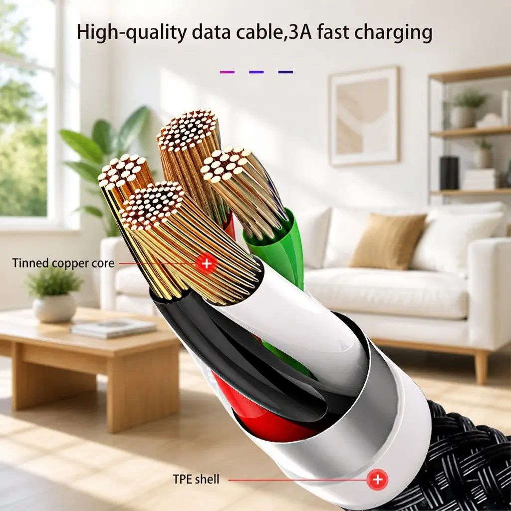 4-in-1 USB Charging Cable for Mobile Devices Nylon Woven Fast Charge 3.3mm