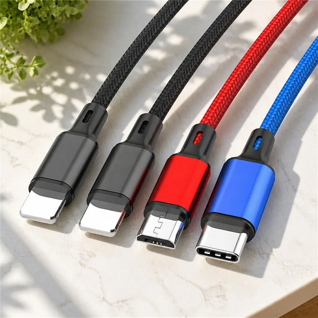 4-in-1 USB Charging Cable for Mobile Devices Nylon Woven Fast Charge 3.3mm