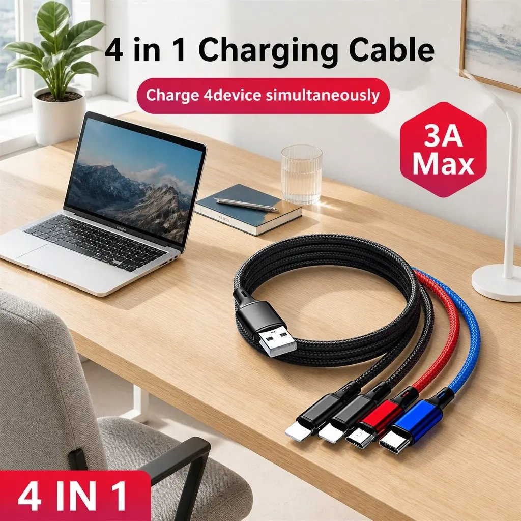 4-in-1 USB Charging Cable Nylon Woven Super Fast Charge Multi Device Connector