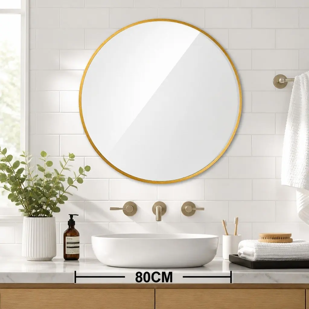 Round Wall Mirror for Bathroom 80cm Gold Metal Frame Decorative