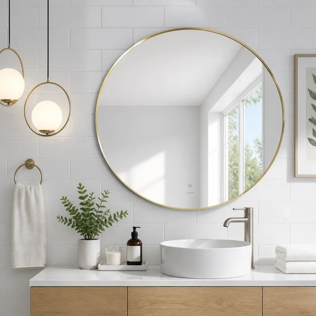 Round Wall Mirror for Bathroom 80cm Gold Metal Frame Decorative