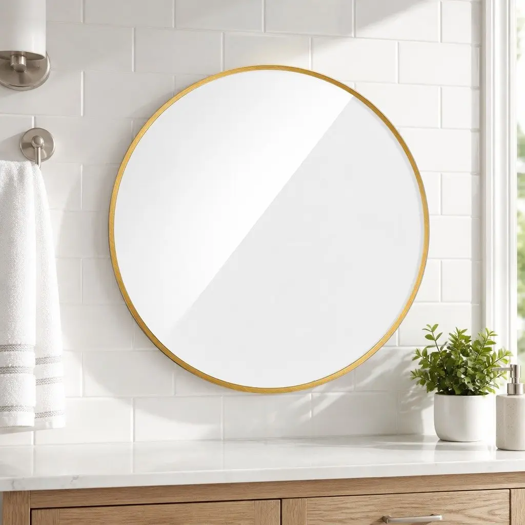 Round Wall Mirror for Bathroom 80cm Gold Metal Frame Decorative