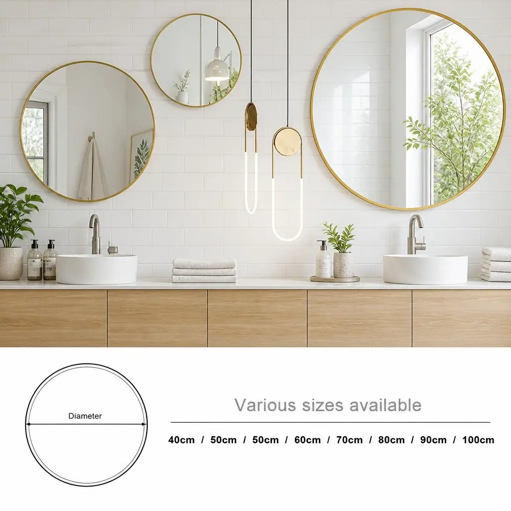 Round Wall Mirror for Bathroom 80cm Gold Metal Frame Decorative